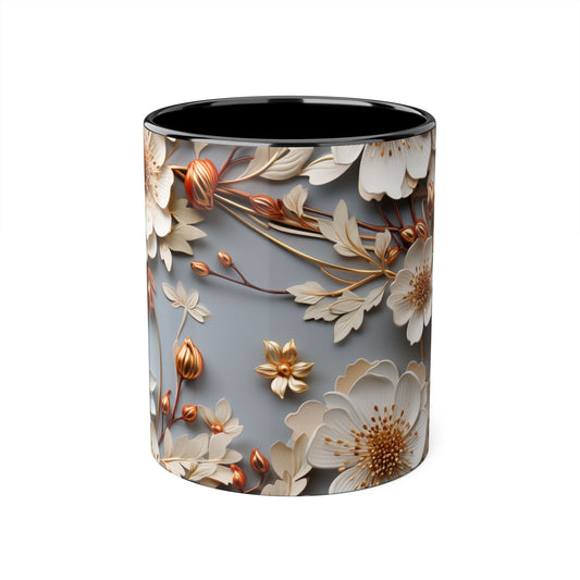 Elegant Floral Accent Mug - 11oz Coffee Cup with Black Handle - Resilient Mind Media