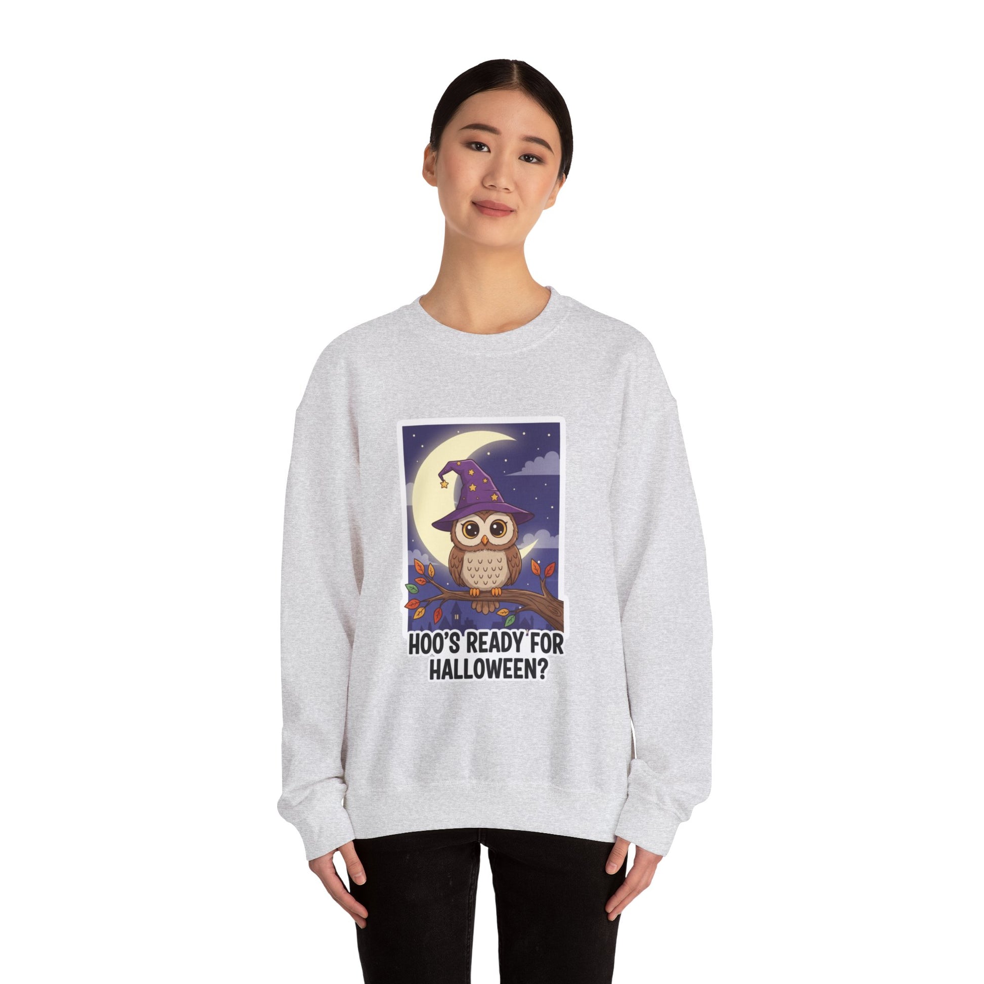Hoo's Ready for Halloween? Sweatshirt - Cozy Halloween Gift, Cute Owl Design, Fall Style, Unisex Crewneck, Great for Costume Parties - Resilient Mind Media