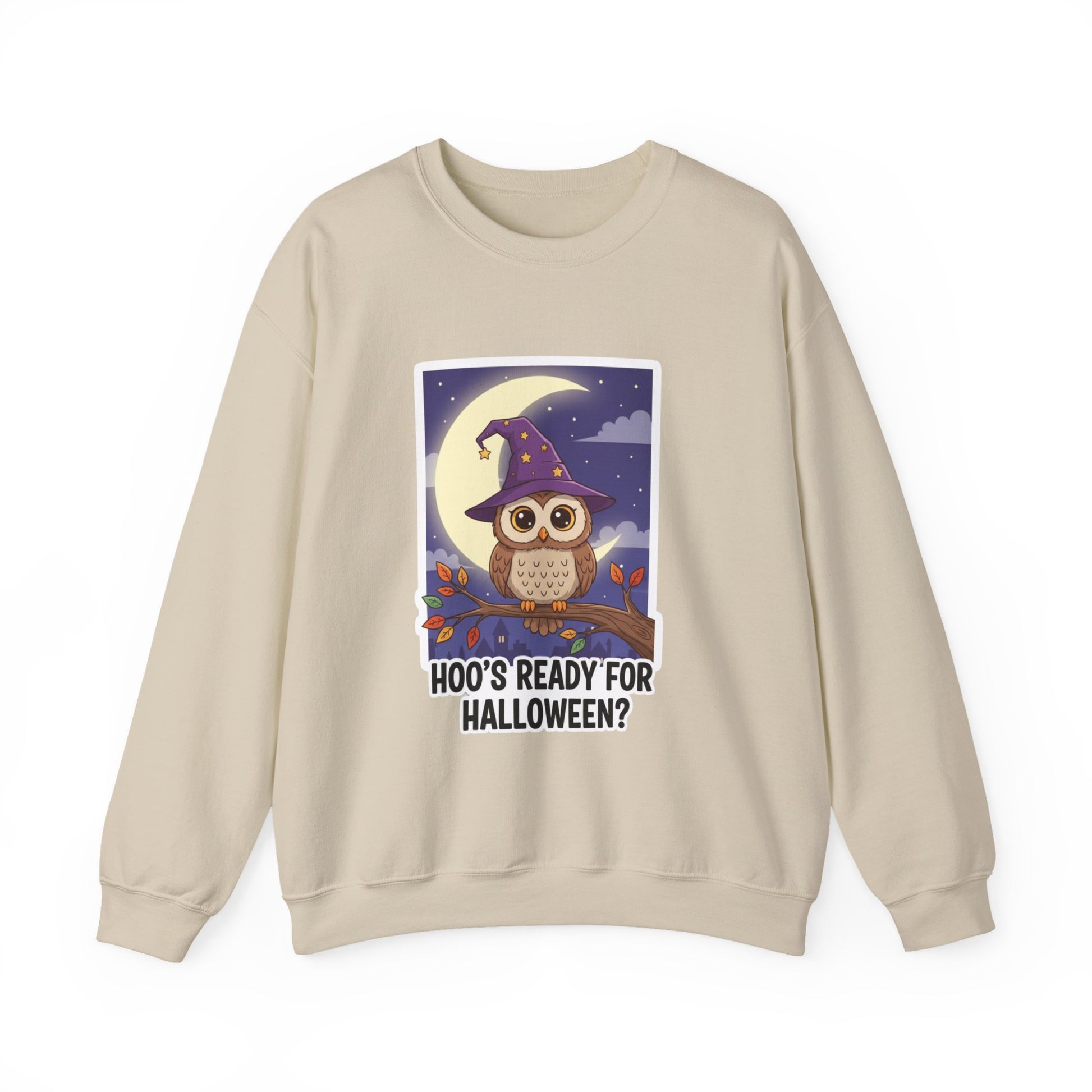 Hoo's Ready for Halloween? Sweatshirt - Cozy Halloween Gift, Cute Owl Design, Fall Style, Unisex Crewneck, Great for Costume Parties - Resilient Mind Media