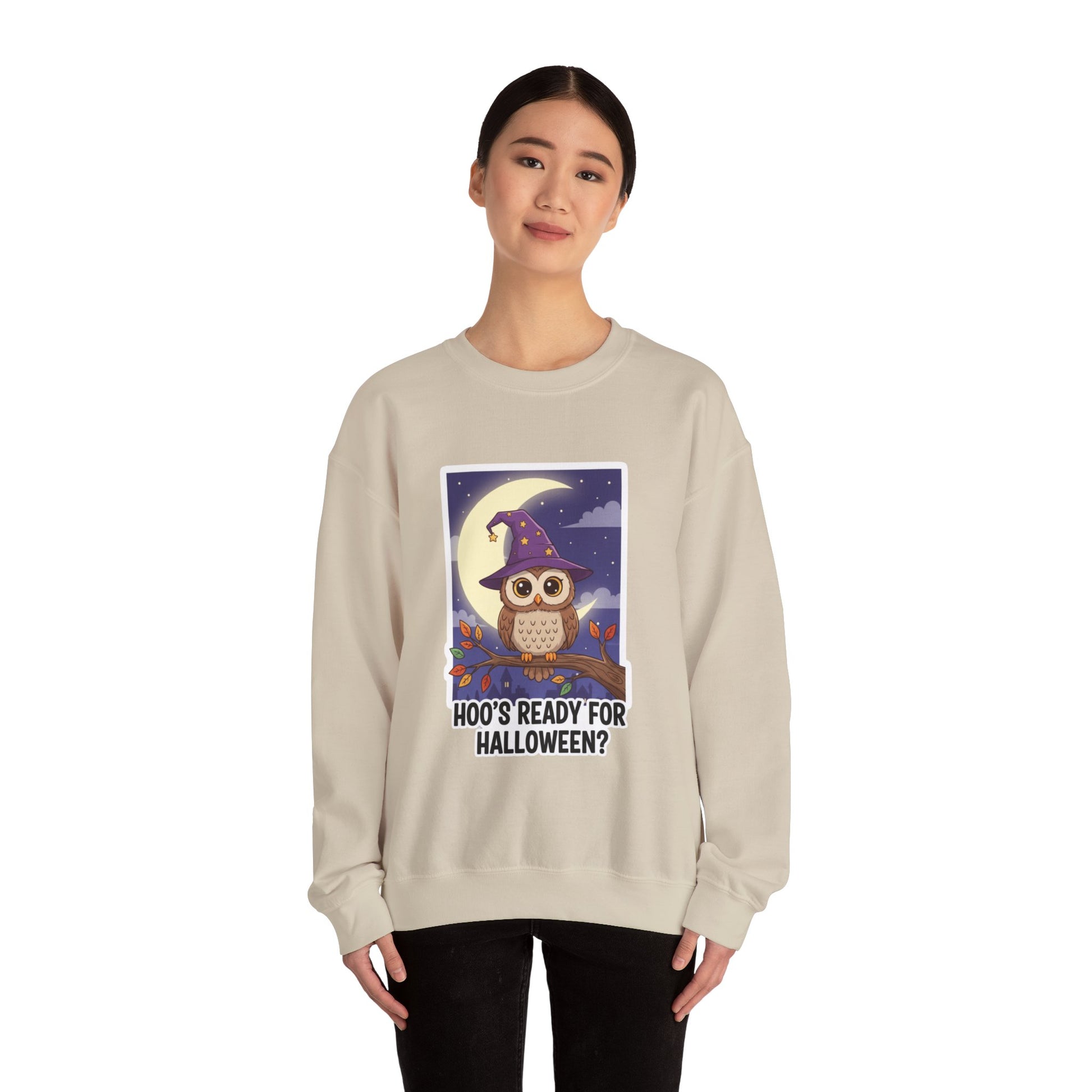 Hoo's Ready for Halloween? Sweatshirt - Cozy Halloween Gift, Cute Owl Design, Fall Style, Unisex Crewneck, Great for Costume Parties - Resilient Mind Media