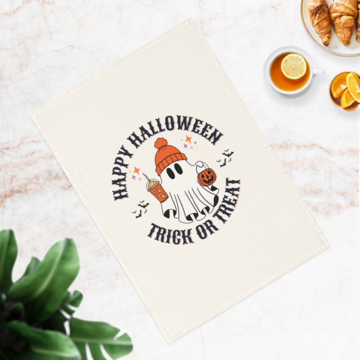 Halloween Cotton Tea Towel, Festive Kitchen Towel, Ghost Print Towel, Trick or Treat Decor, Fall Home Accessories - Resilient Mind Media